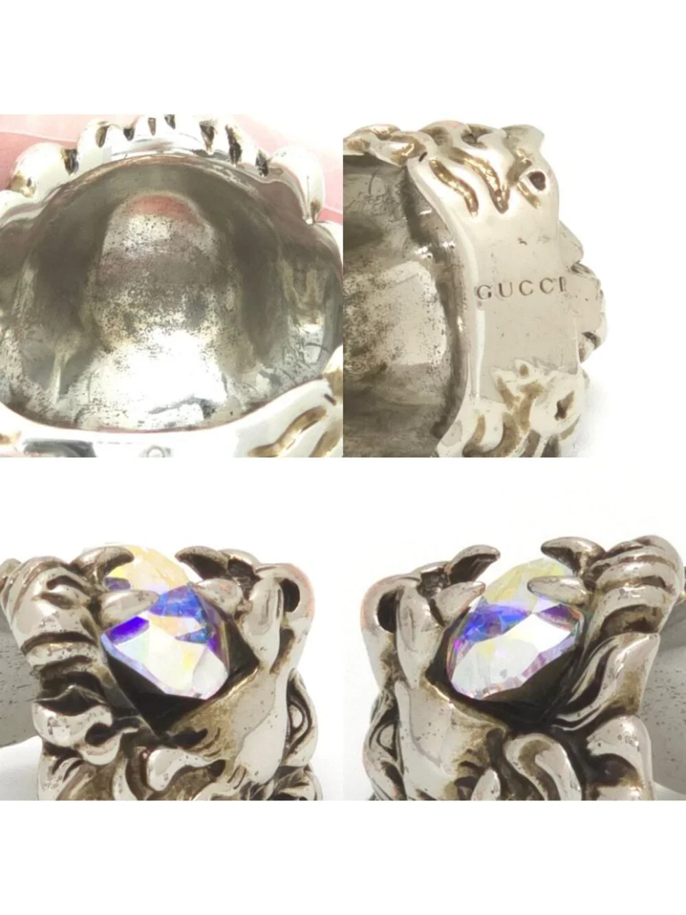 Gucci Crystal Lion Head Ring Aurora Color Silver